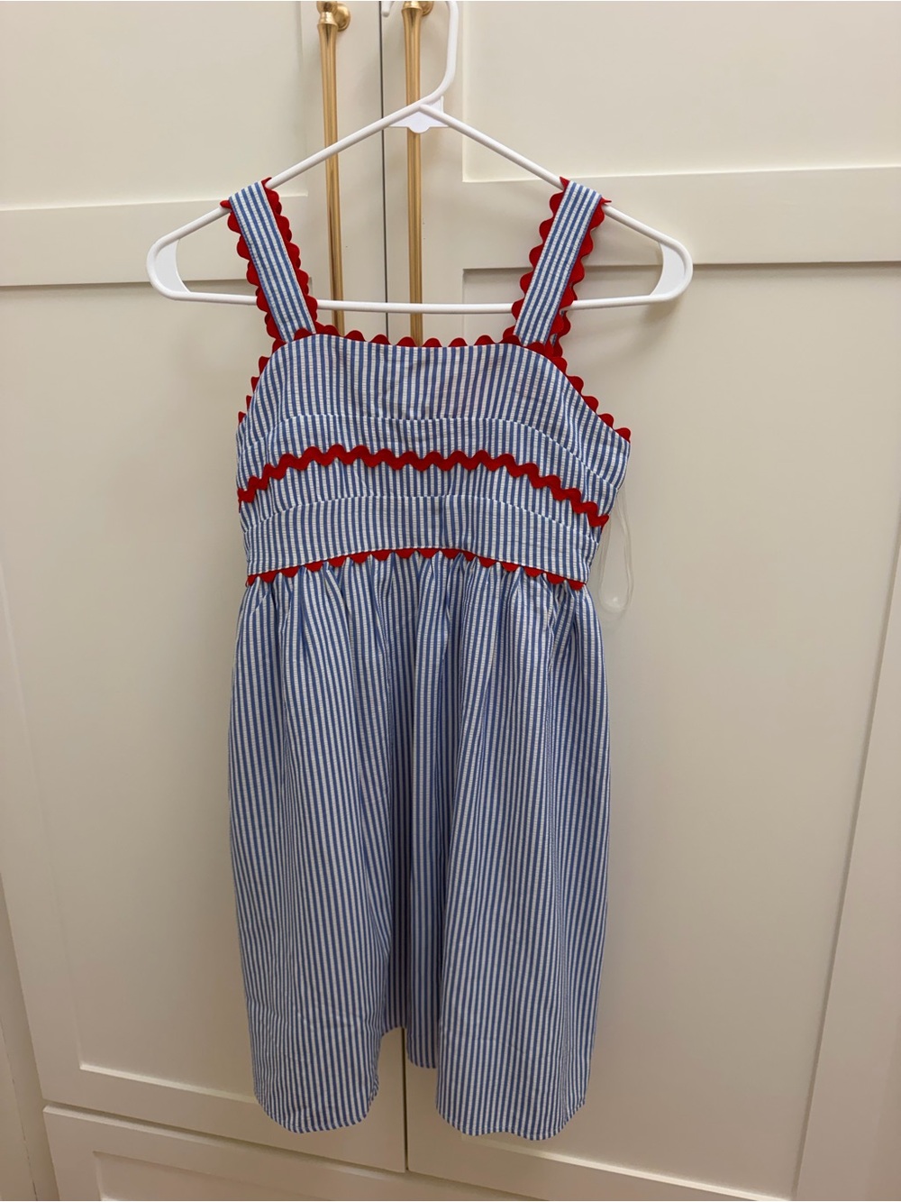 Xtraordinary Blue-and-White Striped Sundress with Red Trim